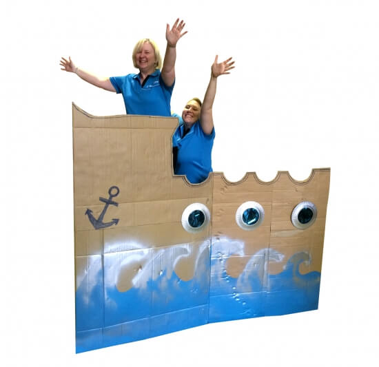 two women in an improvised pirate ship in a trampoline