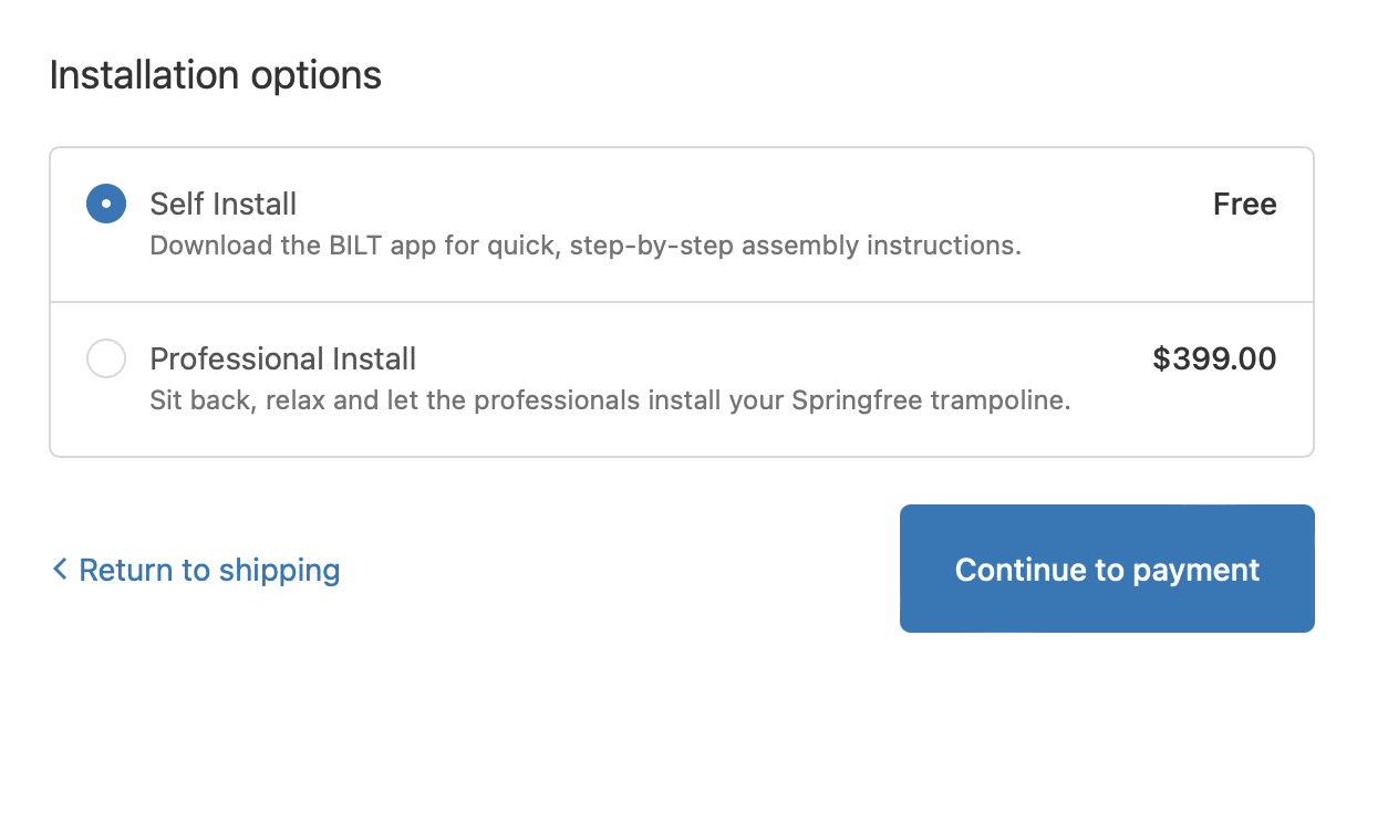 Springfree Installation and Continue to Payment page