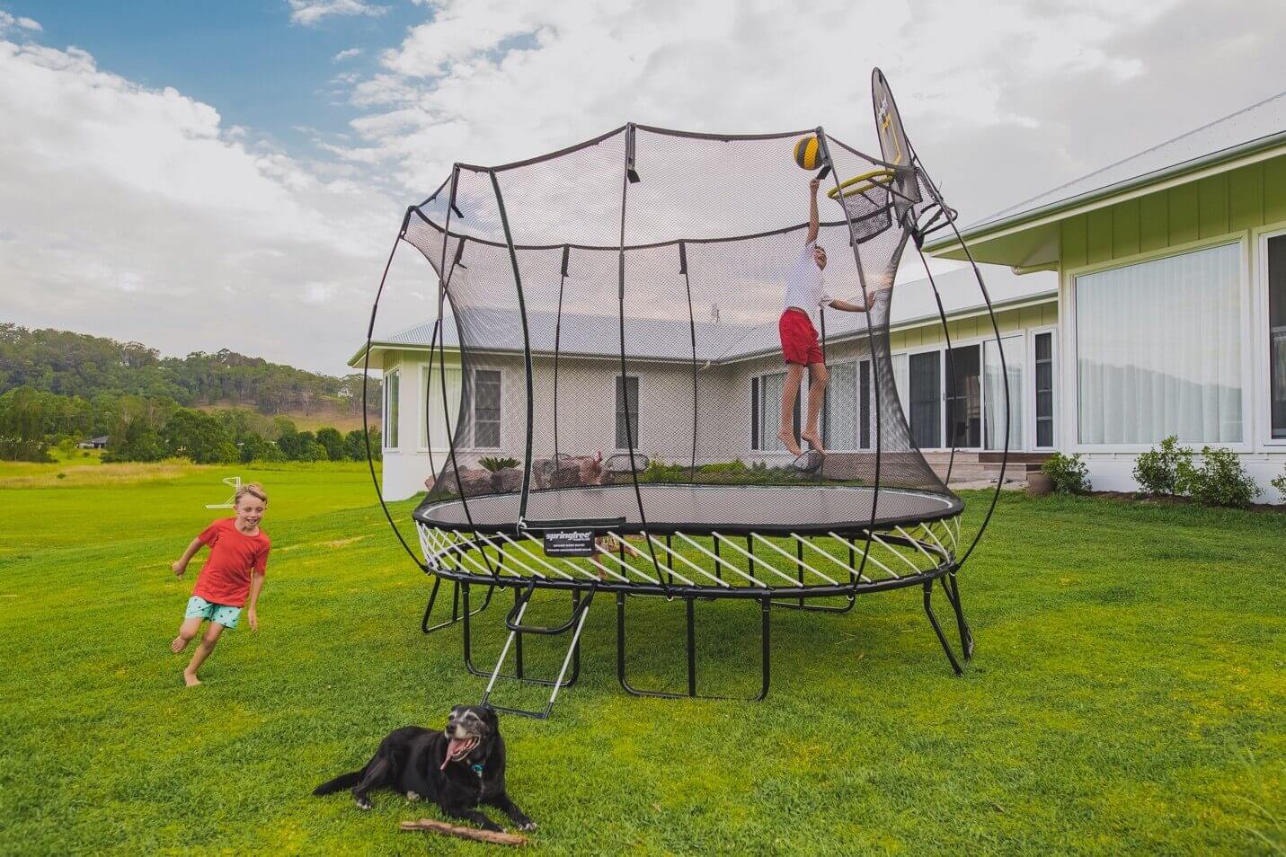 A kid dunking on a FlexrHoop while another kid and a dog stay outside of the trampoline