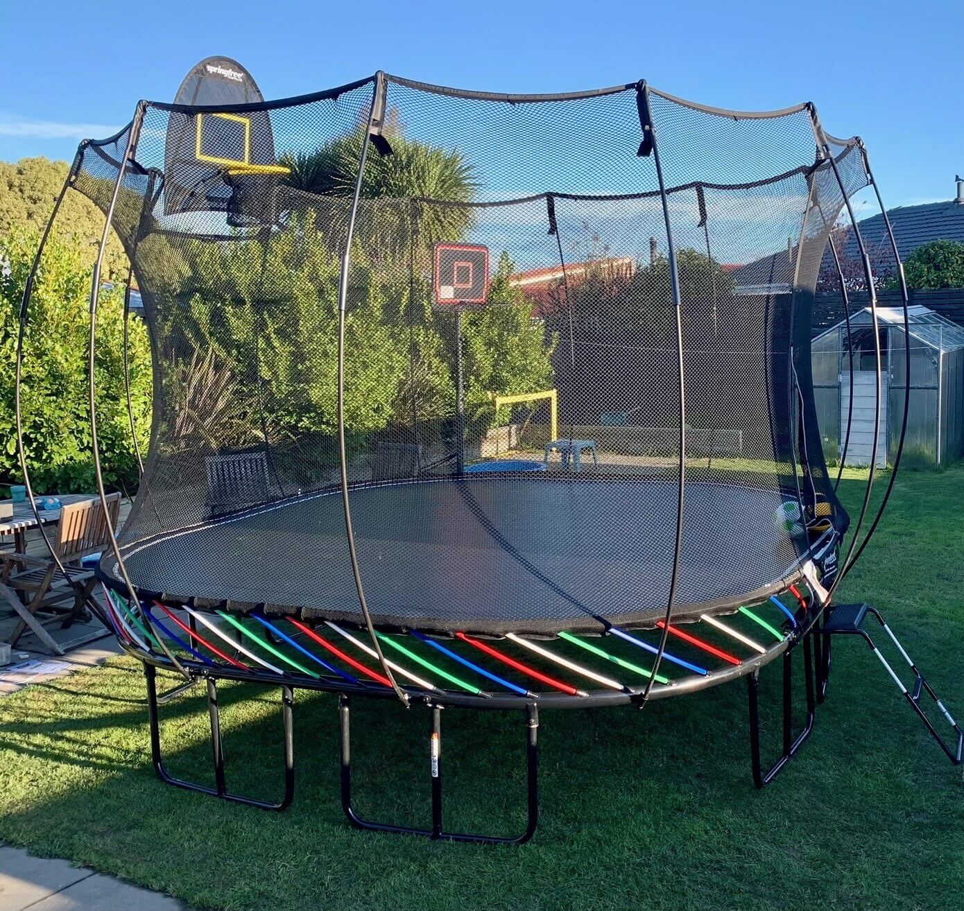 Large Square Springfree Trampoline with coloured sleeves