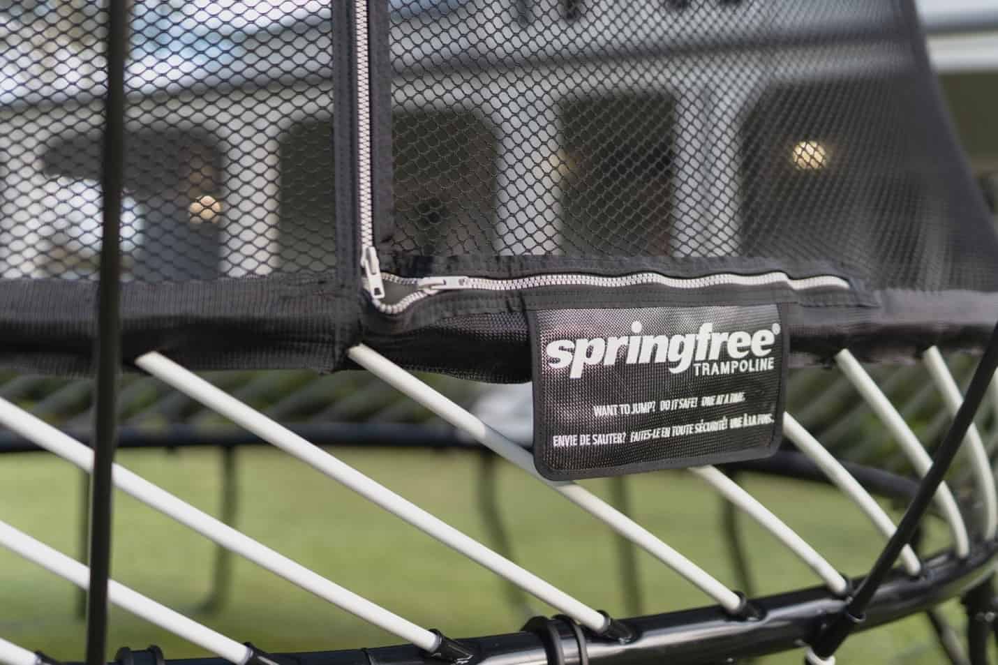 A close-up view of the Springfree Trampoline mat rods.