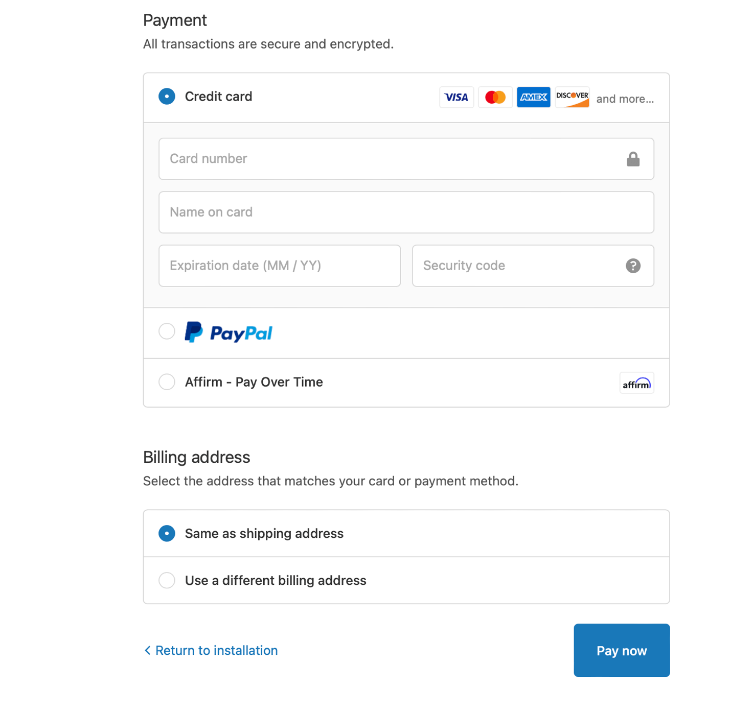 Springfree Trampoline's payment screen