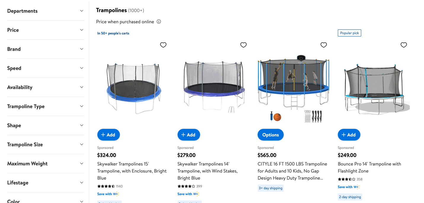 A list of trampolines on Walmart's website