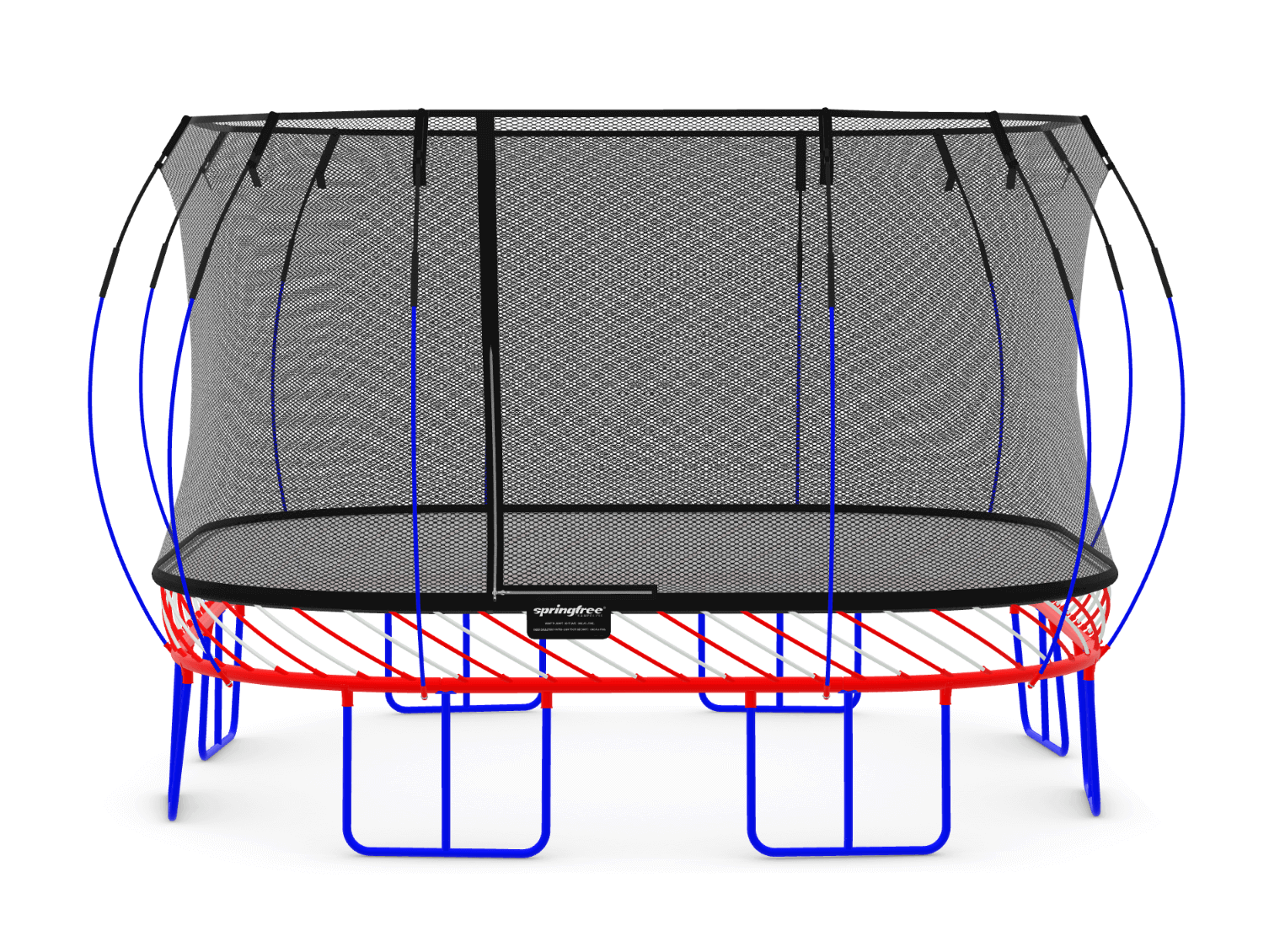 A Springfree custom trampoline designed with blue and red colors