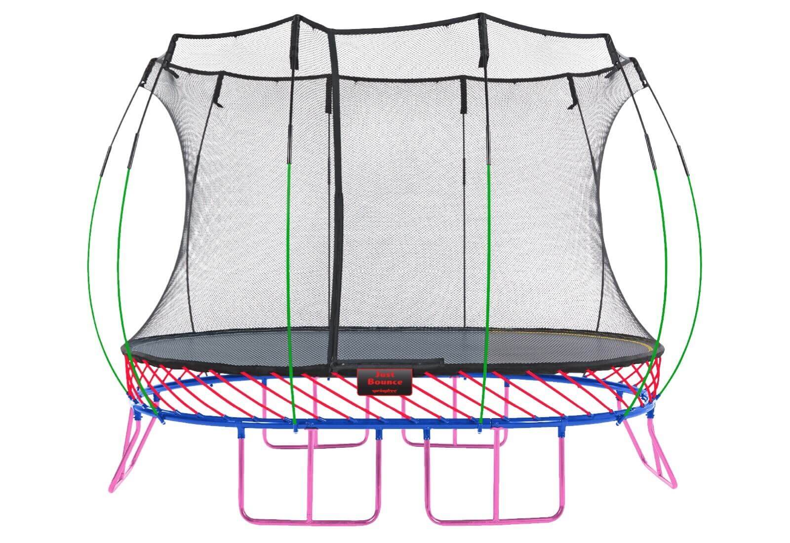 A Springfree custom trampoline designed with pink, blue, red and green colors